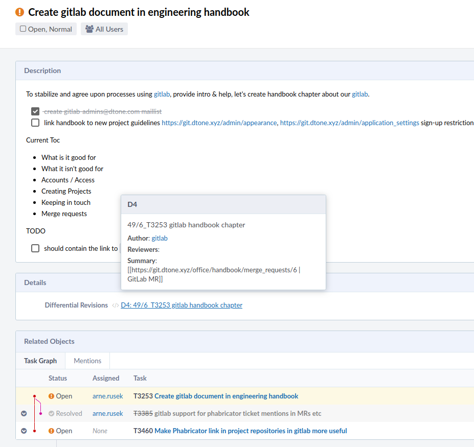 screenshot of phabricator ticket with differential revision